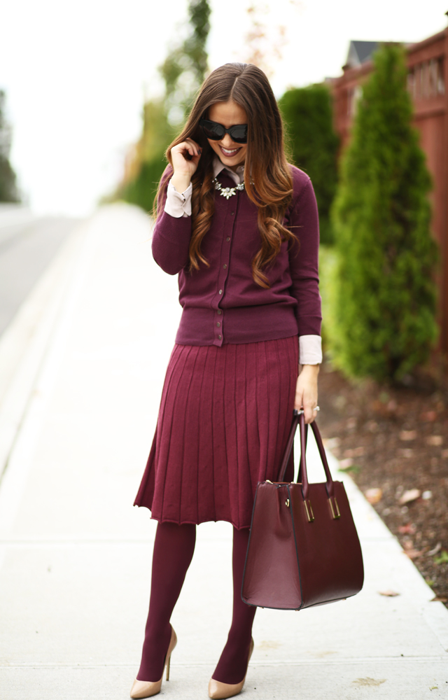 burgundy skirt sweater cardigan