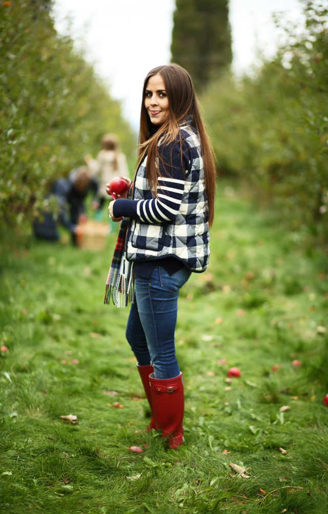 fall outfit buffalo check vest j crew striped sweater red boots - dress  cori lynn