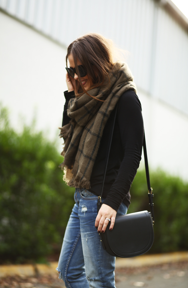 olive and black simple tee and a scarf