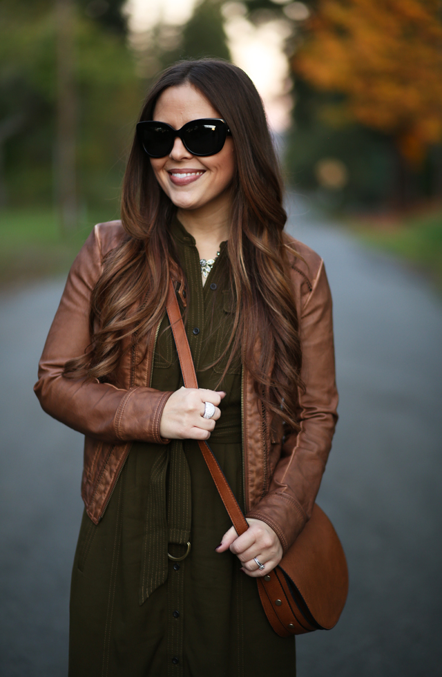 olive shirtdress leather cognac jacket