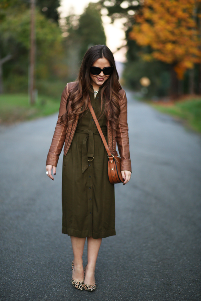 olive shirtdress leather jacket leopard heels