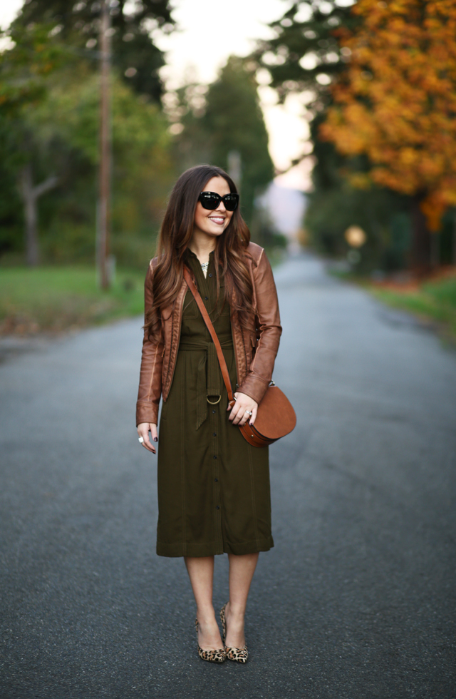 olive shirtdress leopard pumps cognac leather jacket