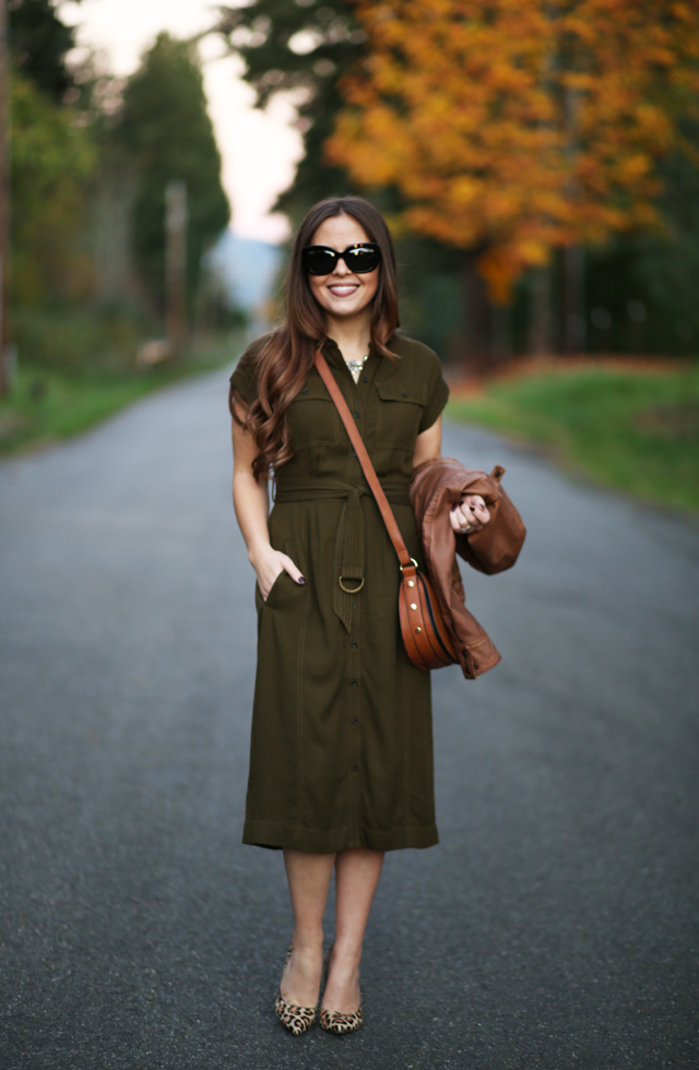 olive shirtdress leopard pumps