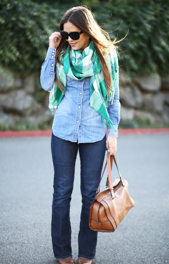 plaid blanket scarf and canadian tuxedo with cognac