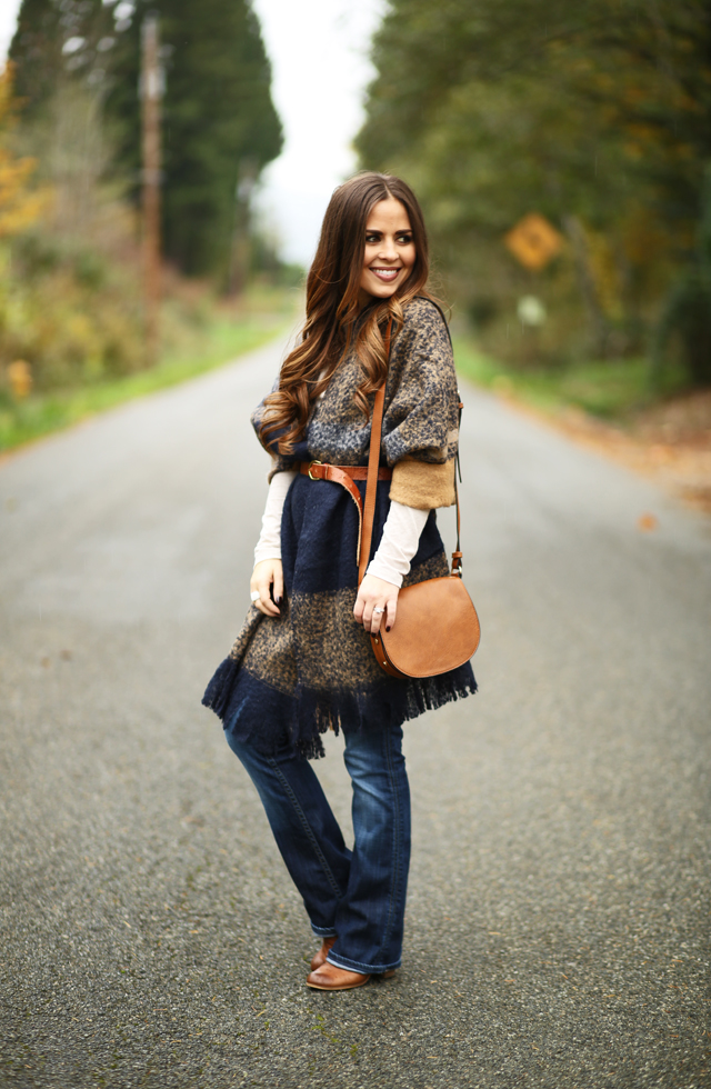 simple fall outfit blanket scarf flared denim