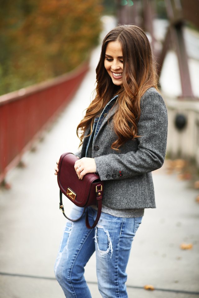 tweed blazer denim vest and marsala bag