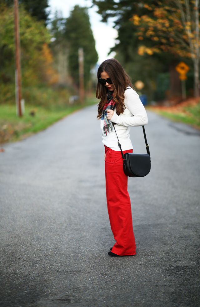 wide leg red pants white sweater plaid scarf