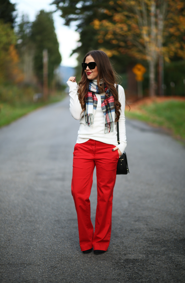 wide leg red pants with tartan scarf