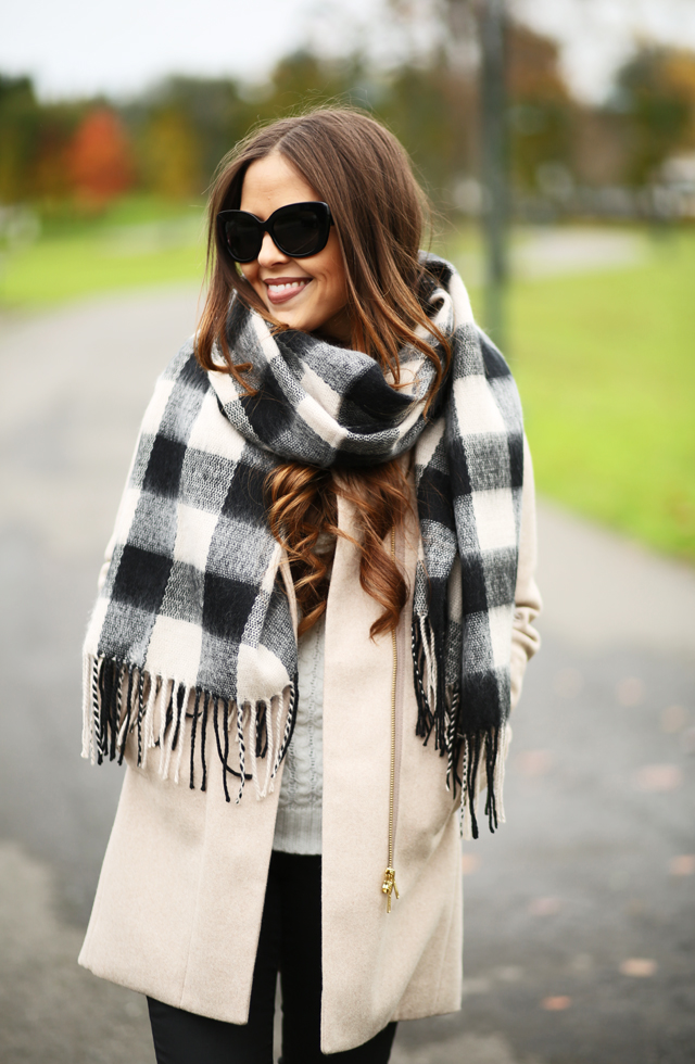 black buffalo check scarf tan coat