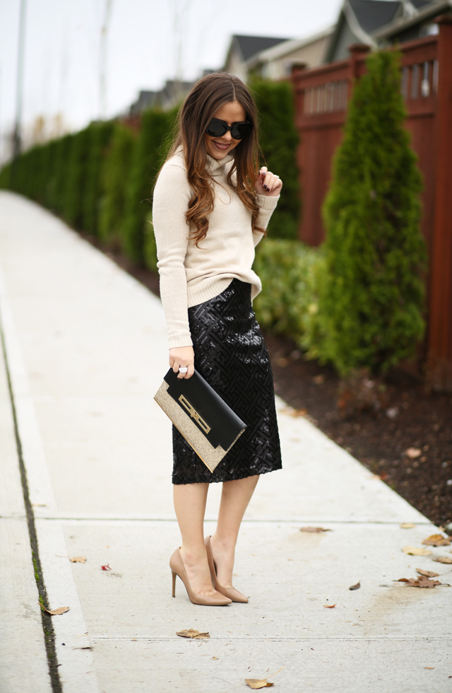 black sequin pencil skirt and neutral turtleneck jcrew sweater