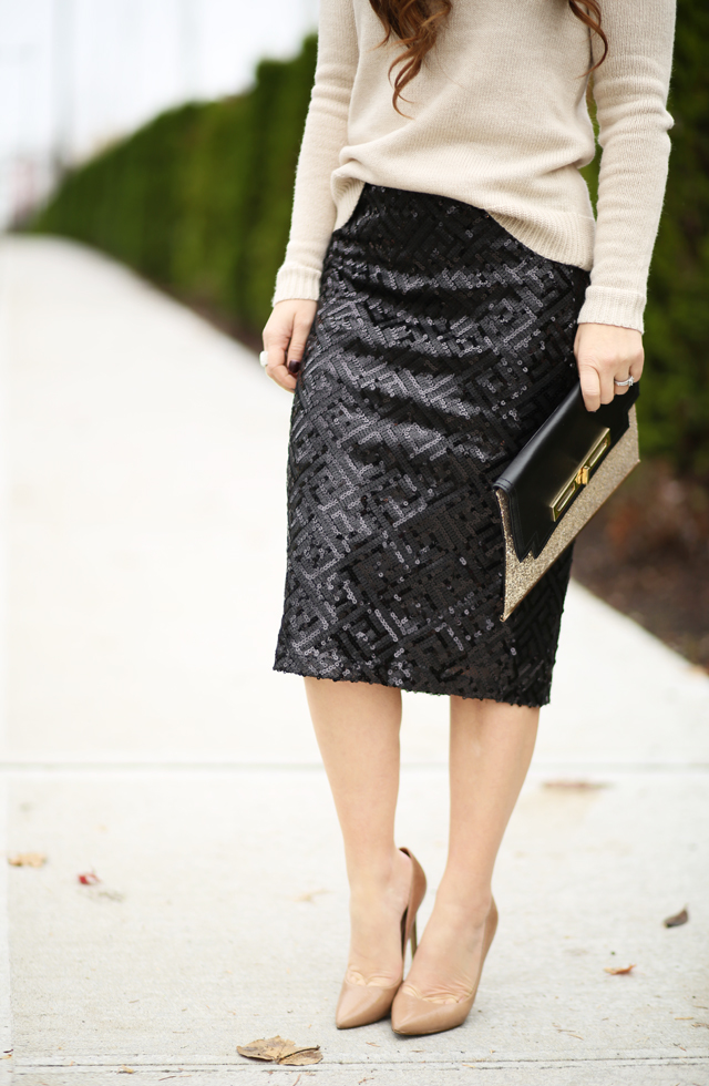 black sequin skirt chunky nuetral sweater