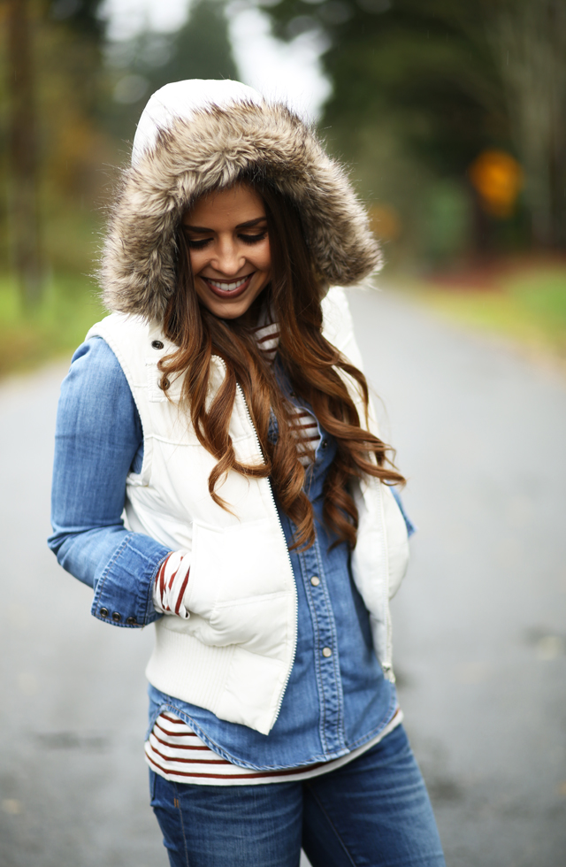 fur puffer vest fall layers - dress cori lynn