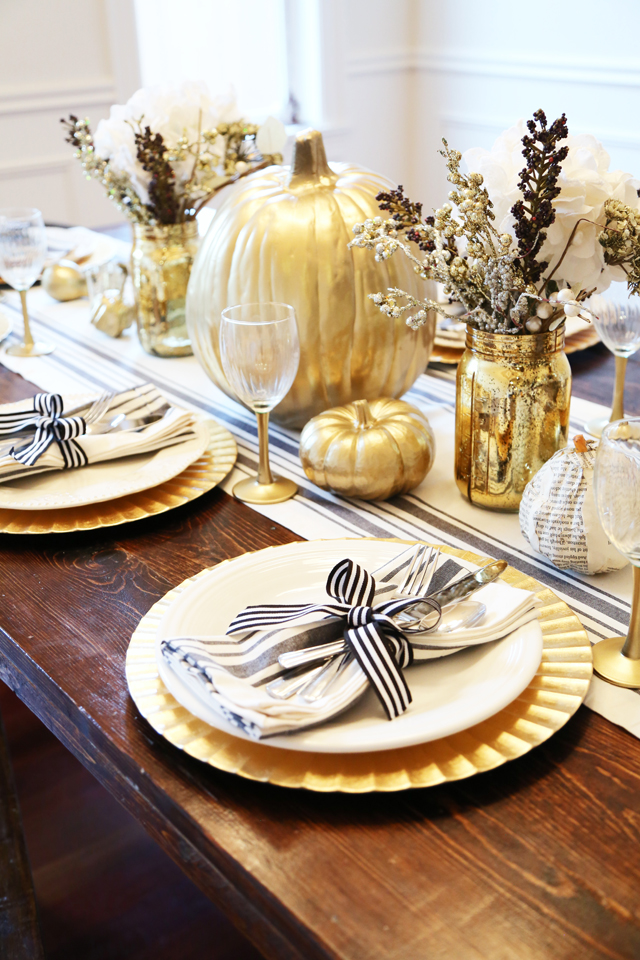 gold and black thanksgiving table setting
