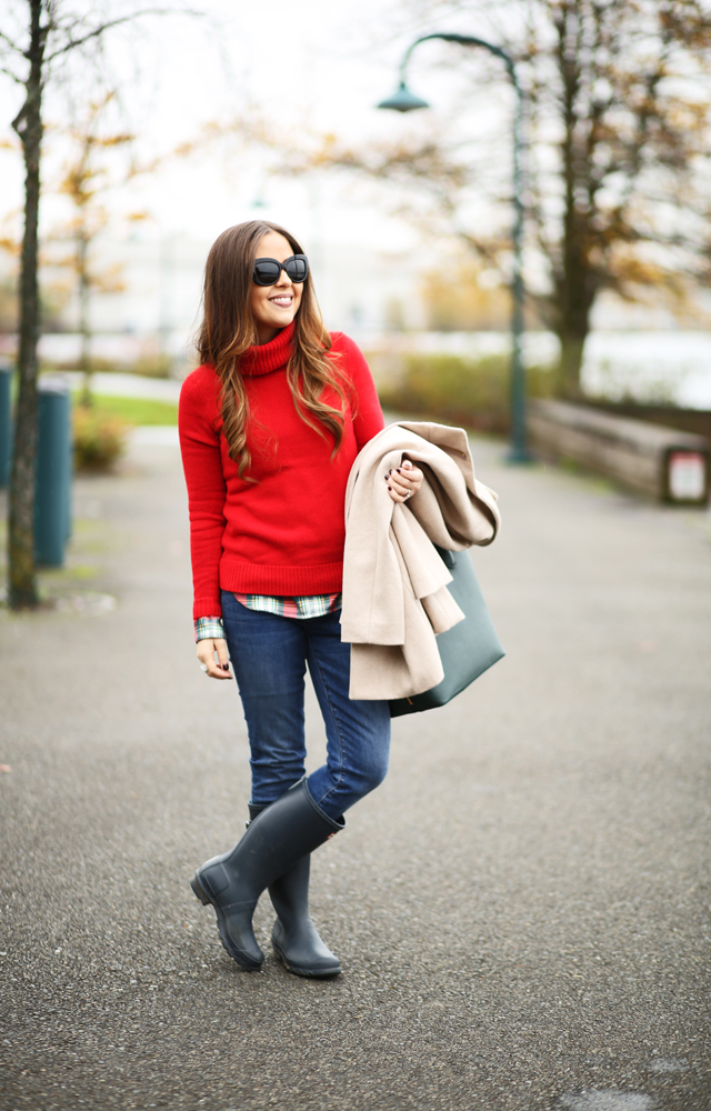 holiday plaid with red turtleneck sweater hunter boots and tan coat