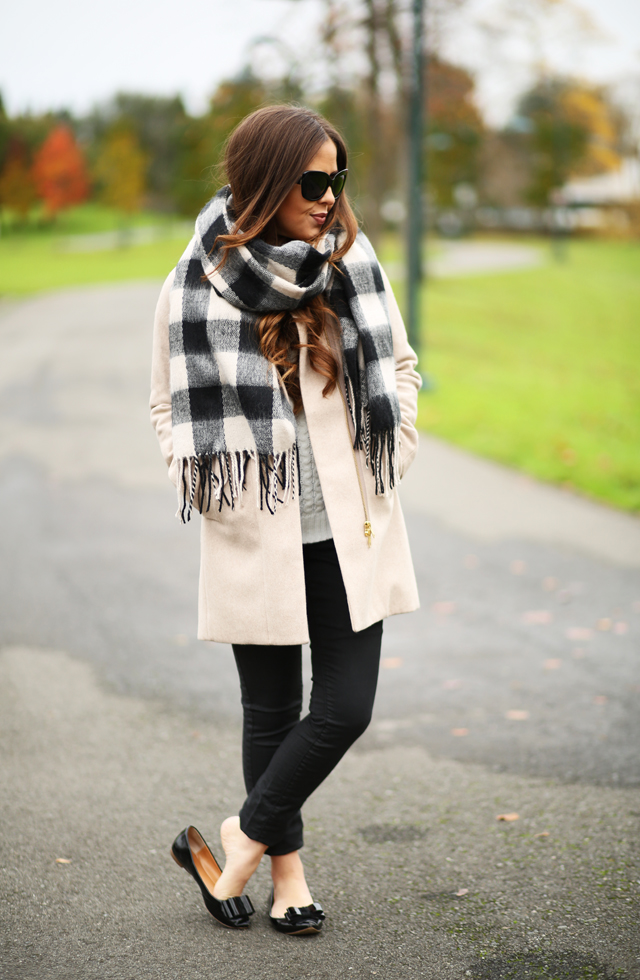 tan wool coat buffalo check scarf bow flats - dress cori lynn