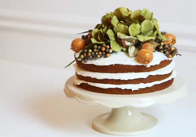 layered naked pumpkin cake with cream cheese frosting