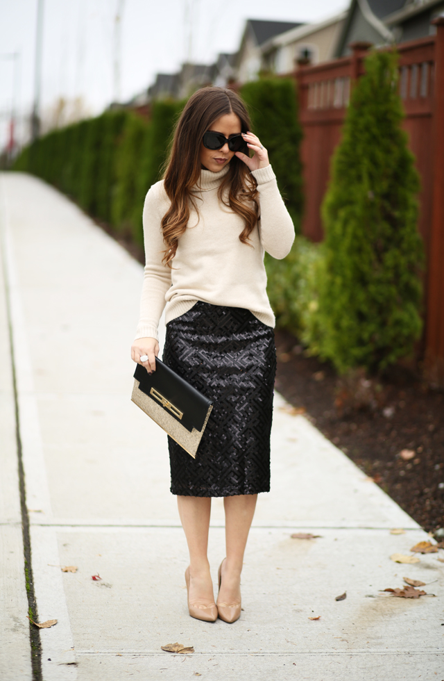 neutral turtleneck sweater black sequin skirt