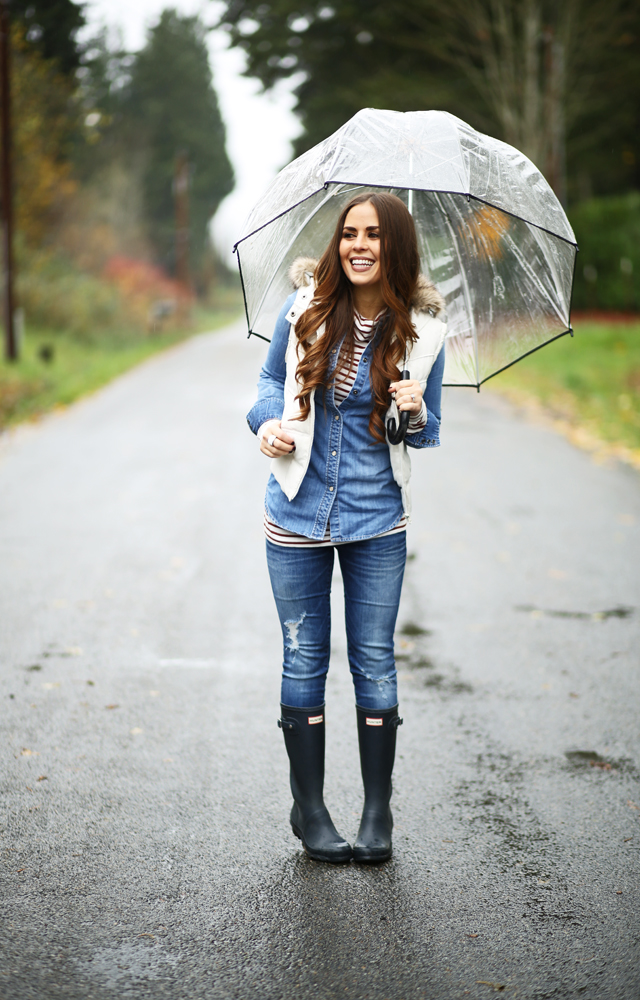 stripe jcrew turtleneck with denim shirt and puffer vest