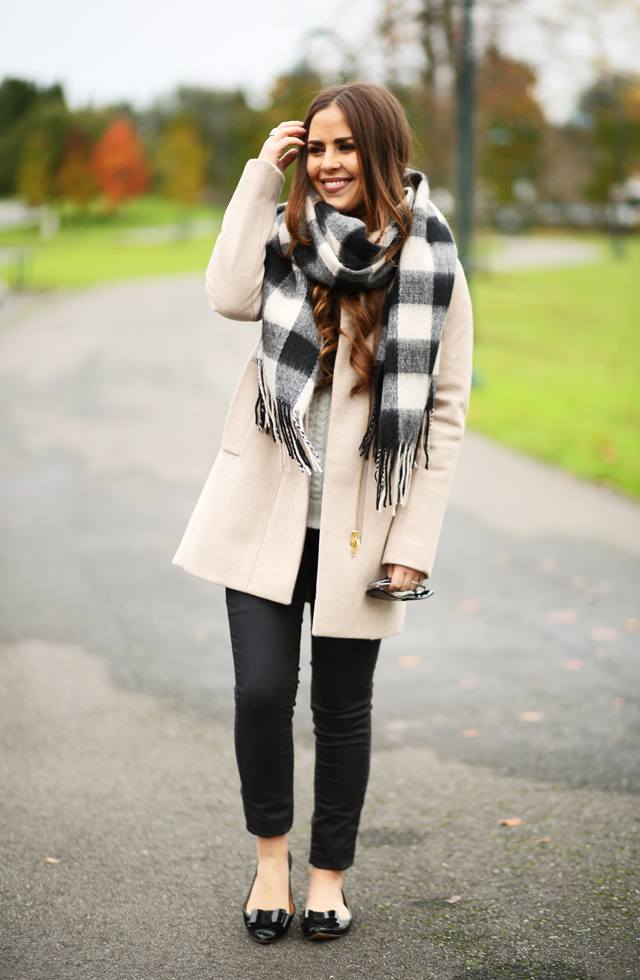 tan wool coat buffalo check scarf bow flats - dress cori lynn