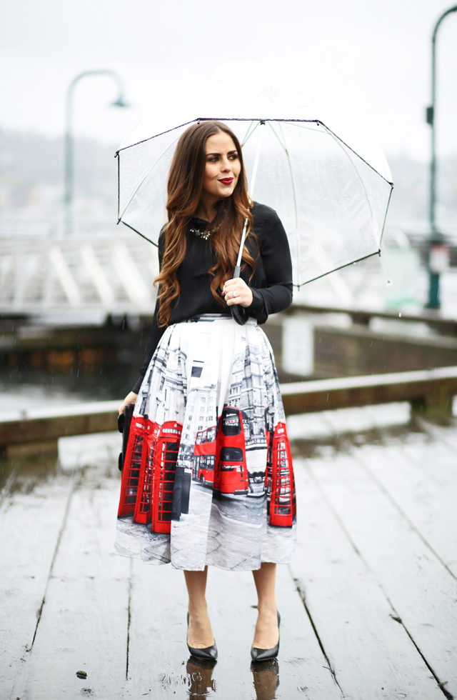 tea length british skirt and black blouse