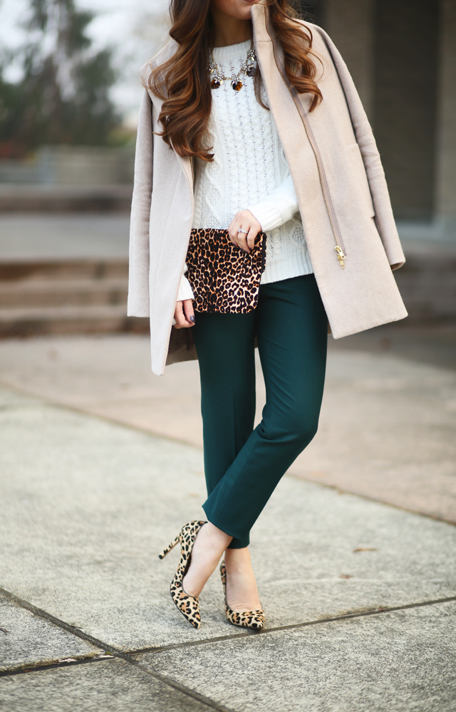 Holiday look with JCrew factory green pants and leopard