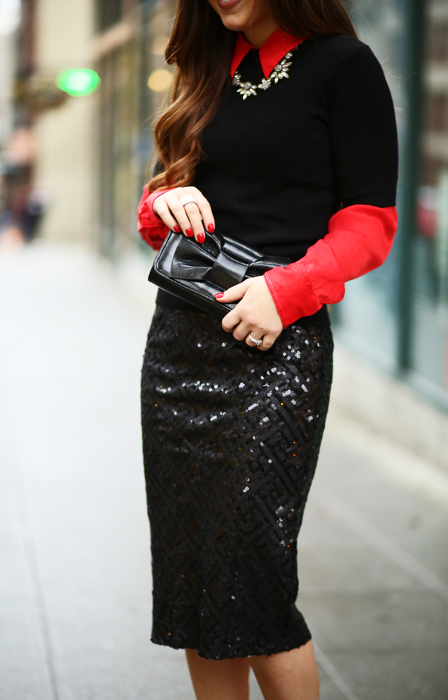 black and red NYE outfit.  sequin skirt