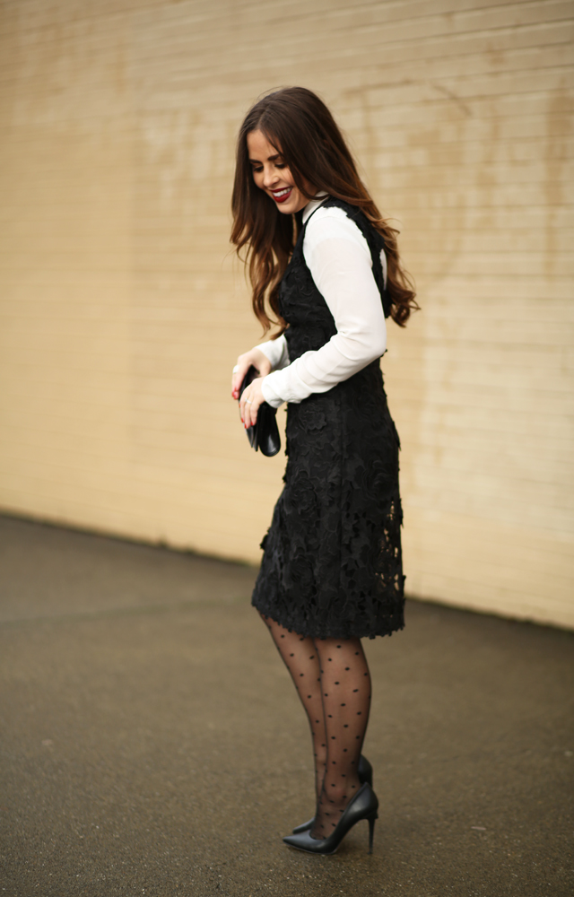 black lace holiday dress polka dot tights