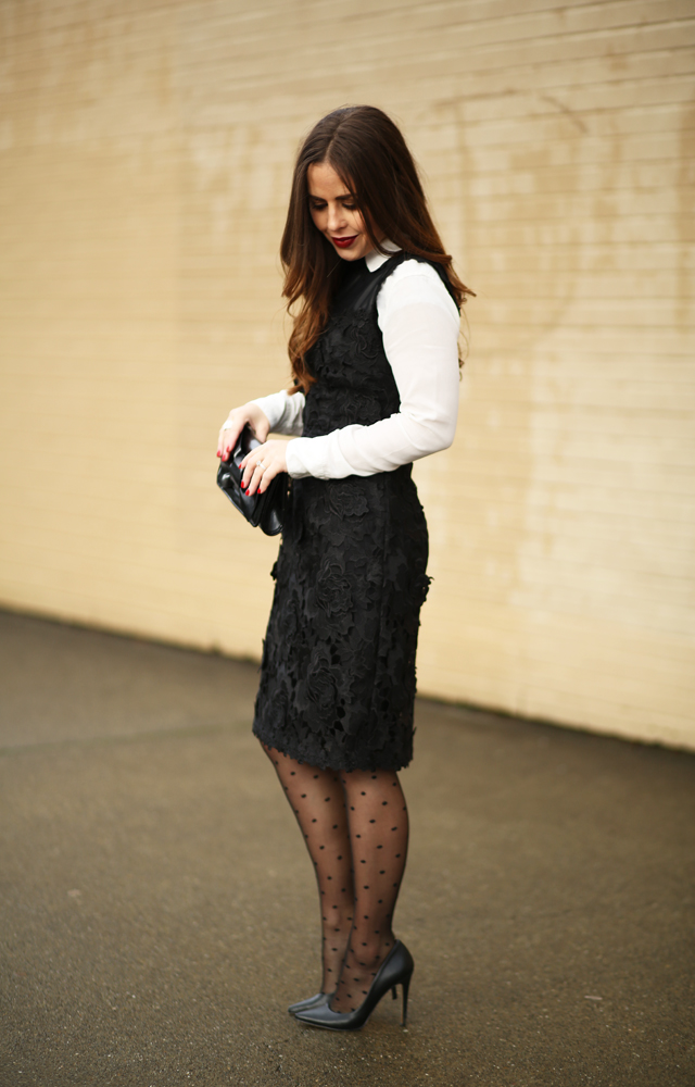 black lace holiday dress with a silk blouse