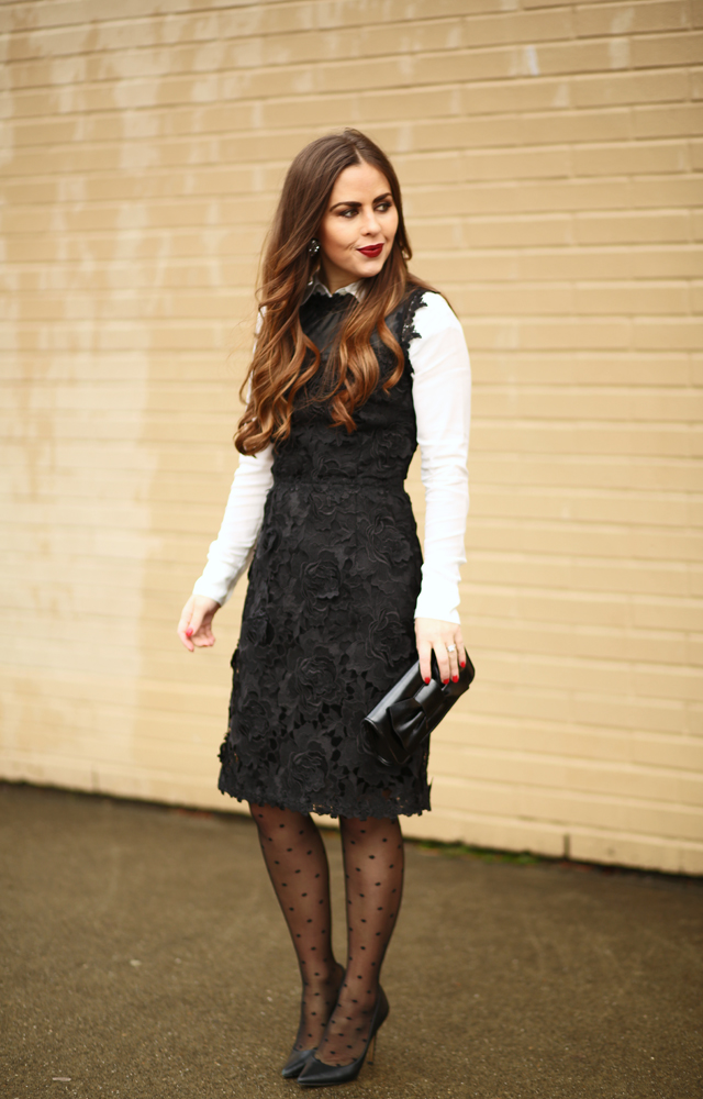 black lace holiday dress with red lip