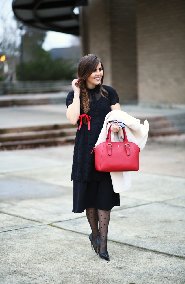 black lace midi dress red kate spade bag