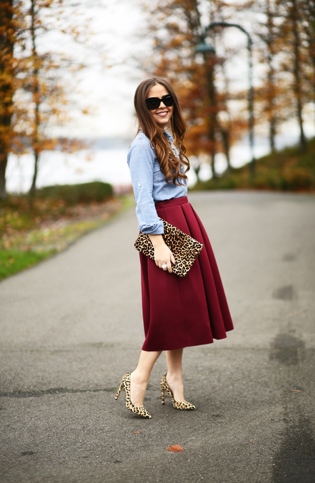 burgundy pleated skirt denim top with leopard