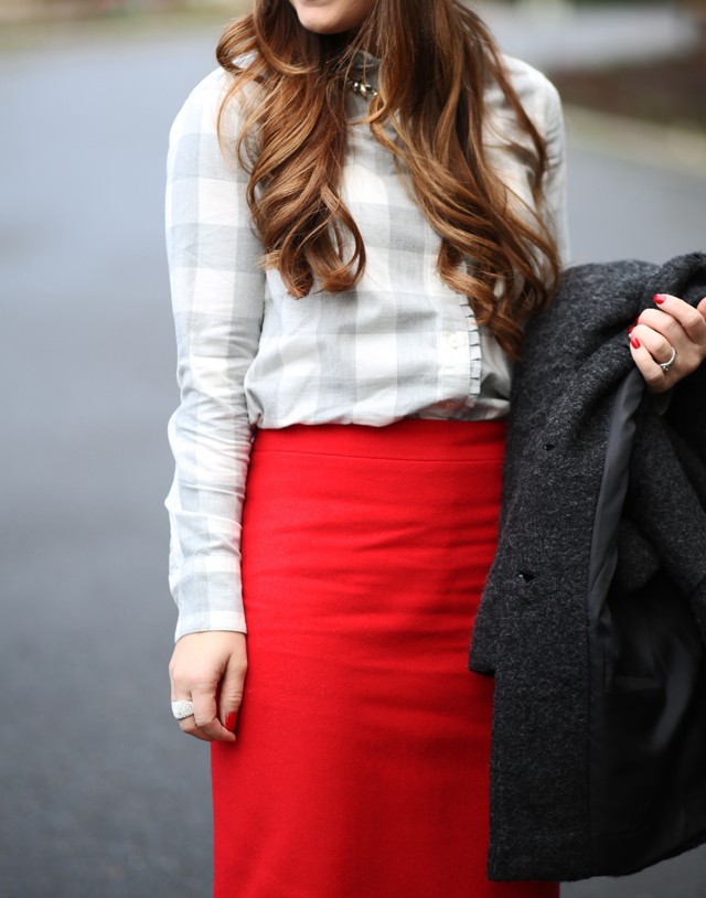 gray buffalo check red skirt