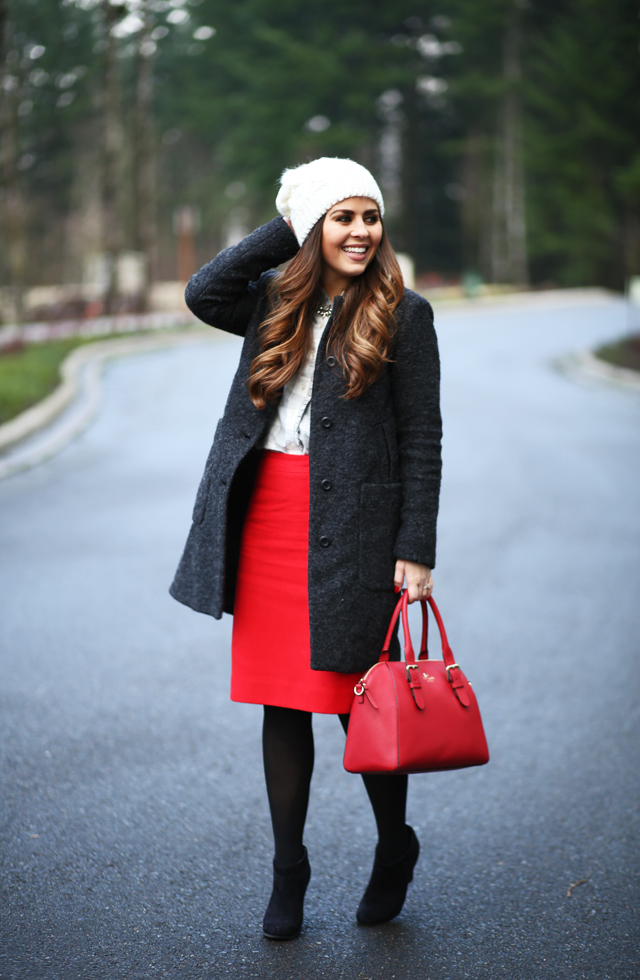 red skirt winter outfit