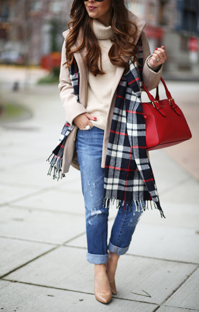 neutral on neutral with a pop of red and plaid