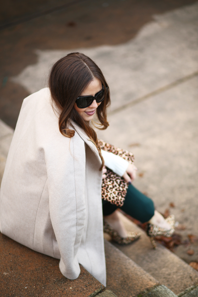 neutral wool coat with leopard