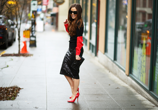 red and black outfit sequin skirt