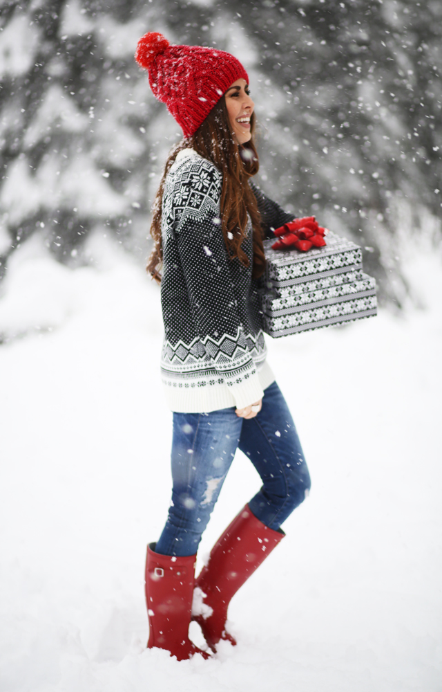red hat red hunter boots fair isle snow flake sweater