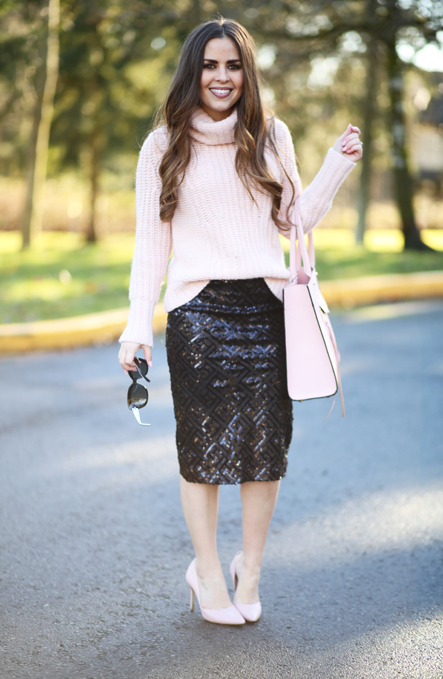 black sequin skirt blush top