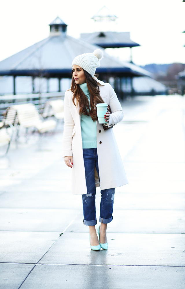 mint sweater white coat