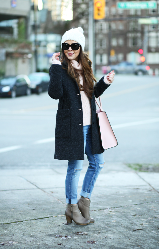 pink and gray outfit for winter