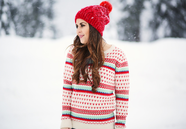 red hat and mint and red fair isle sweater