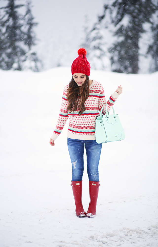 v-day red and mint sweater in the snow