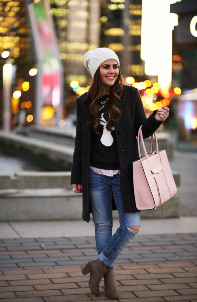 winter outfit pink and gray layers