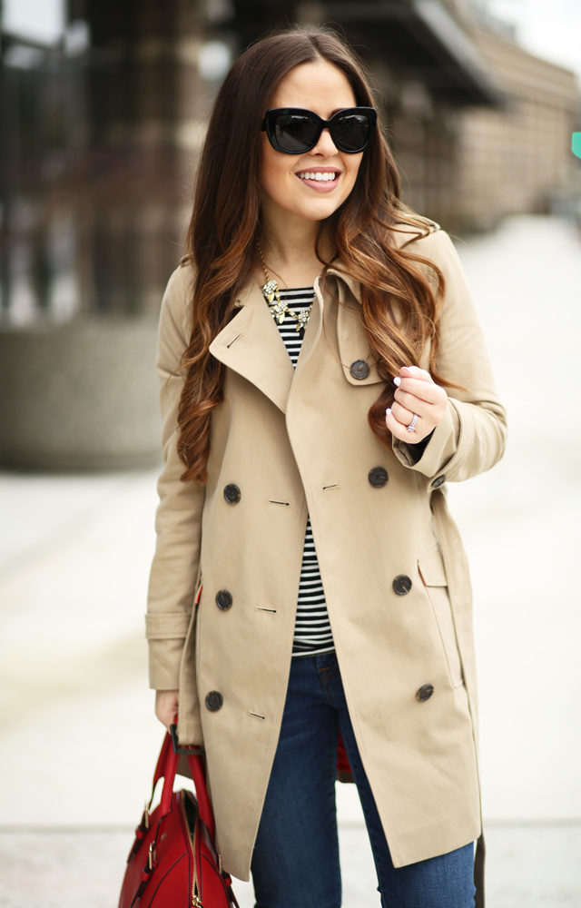 black and white stripes with tan trench - dress cori lynn