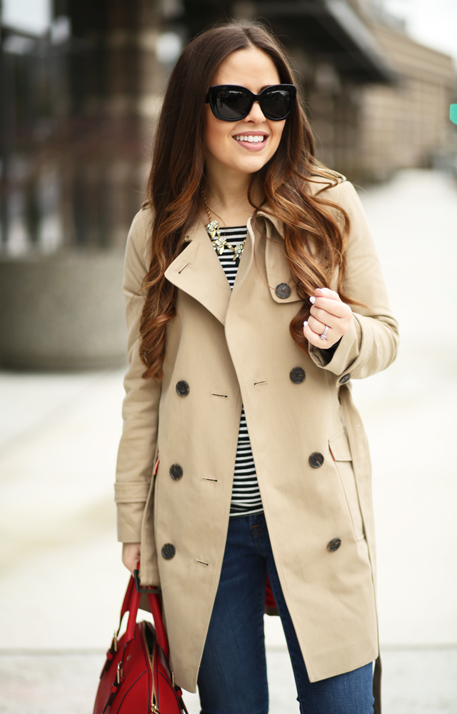 black and white stripes with tan trench