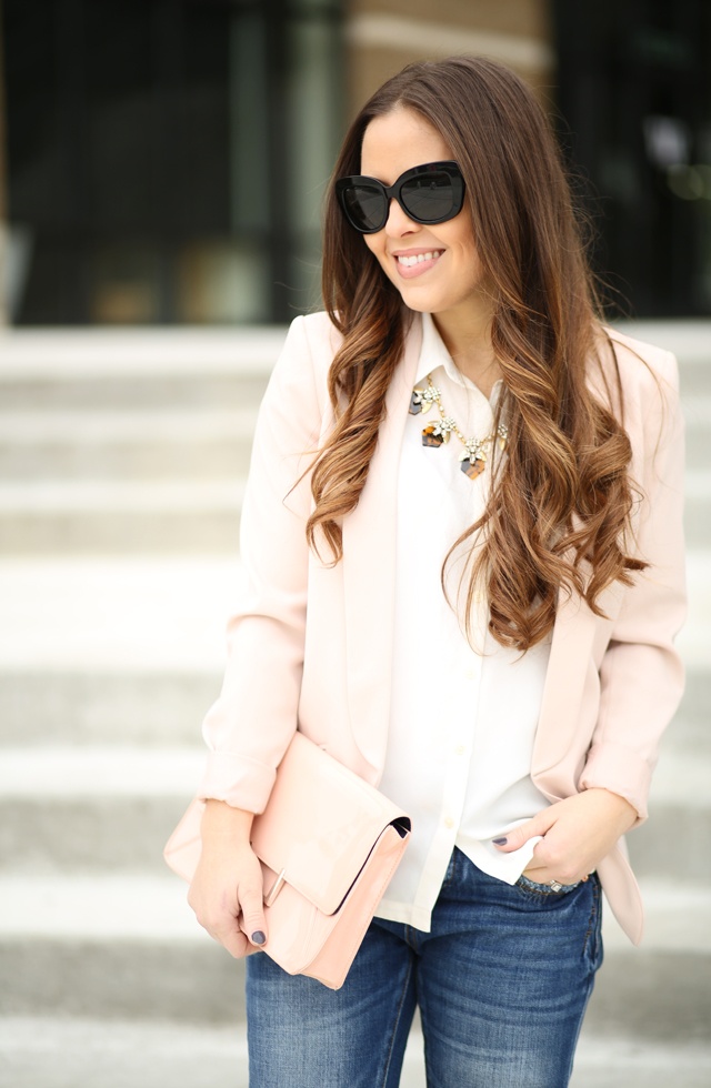 blush blazer white blouse