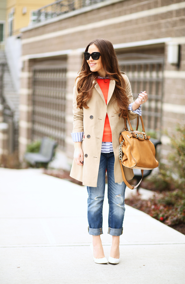 classic trench coat with boyfriend jeans and heels