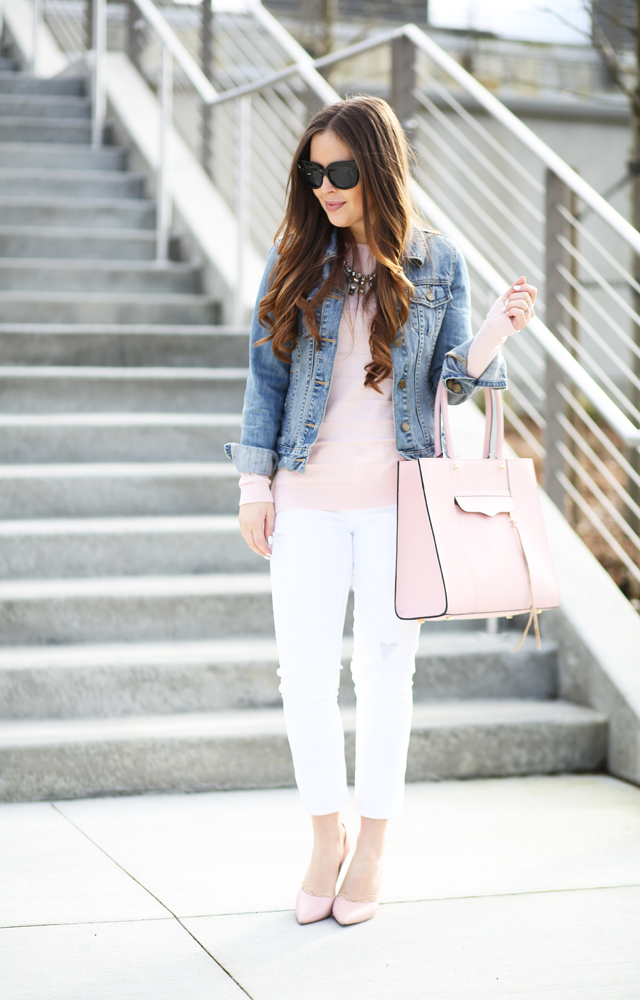 denim jacket pink sweater white pants dress cori lynn