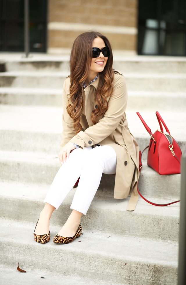 leopard flats white jeans trench coat