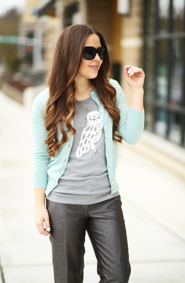 mint sweater with sequin owl tee